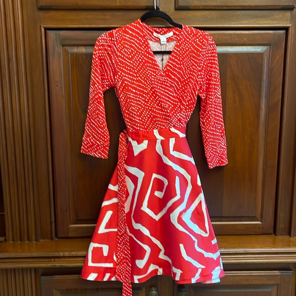 DVF Red and White Wrap Dress, 6